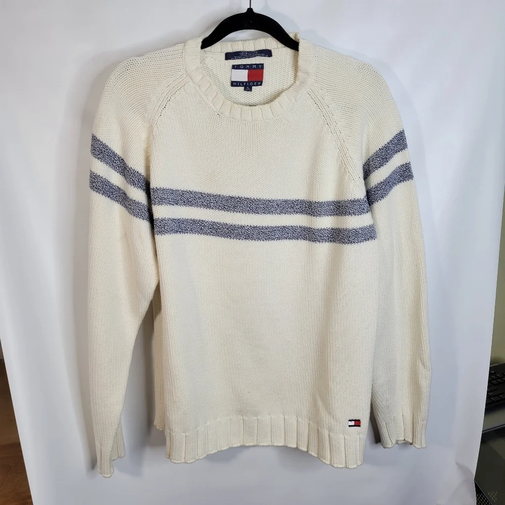 Mens Tommy Hilfiger 97% Cotton Sweater Cream/Marled Blue Size XL
